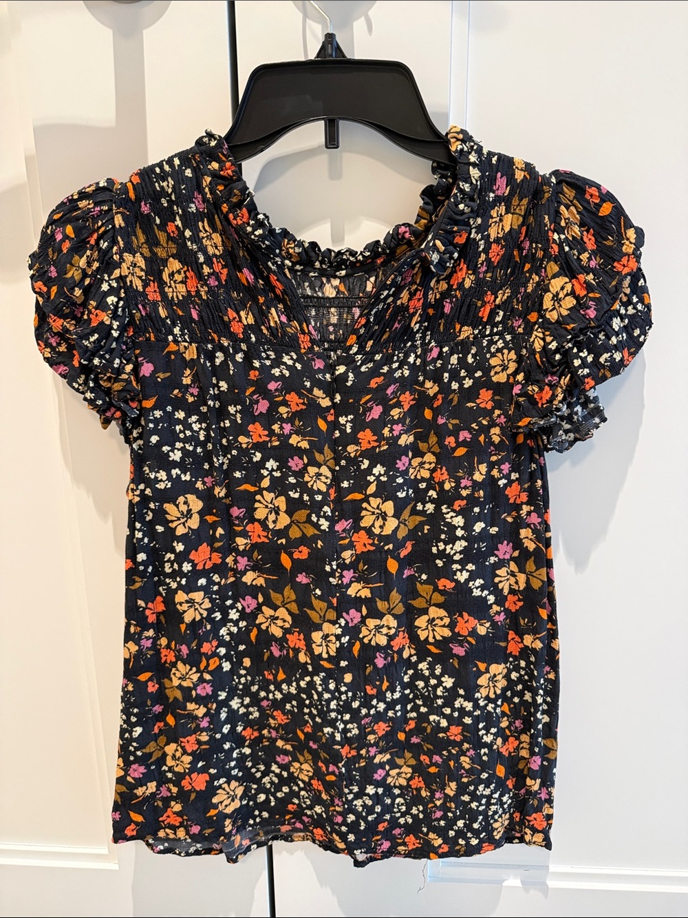 Caballero Women’s Black Floral Smocked Blouse - vneck or crew with zipper
